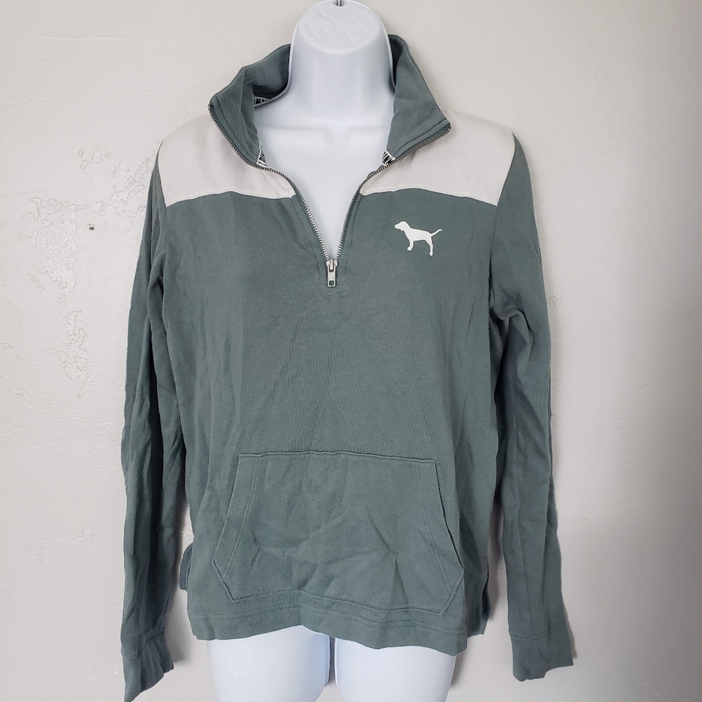 Pink Victoria's Secret XS Dusty Green Pullover Sweatshirt Quarter Zip Logo Top